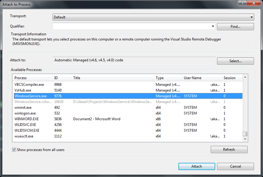 Attach process in windows service